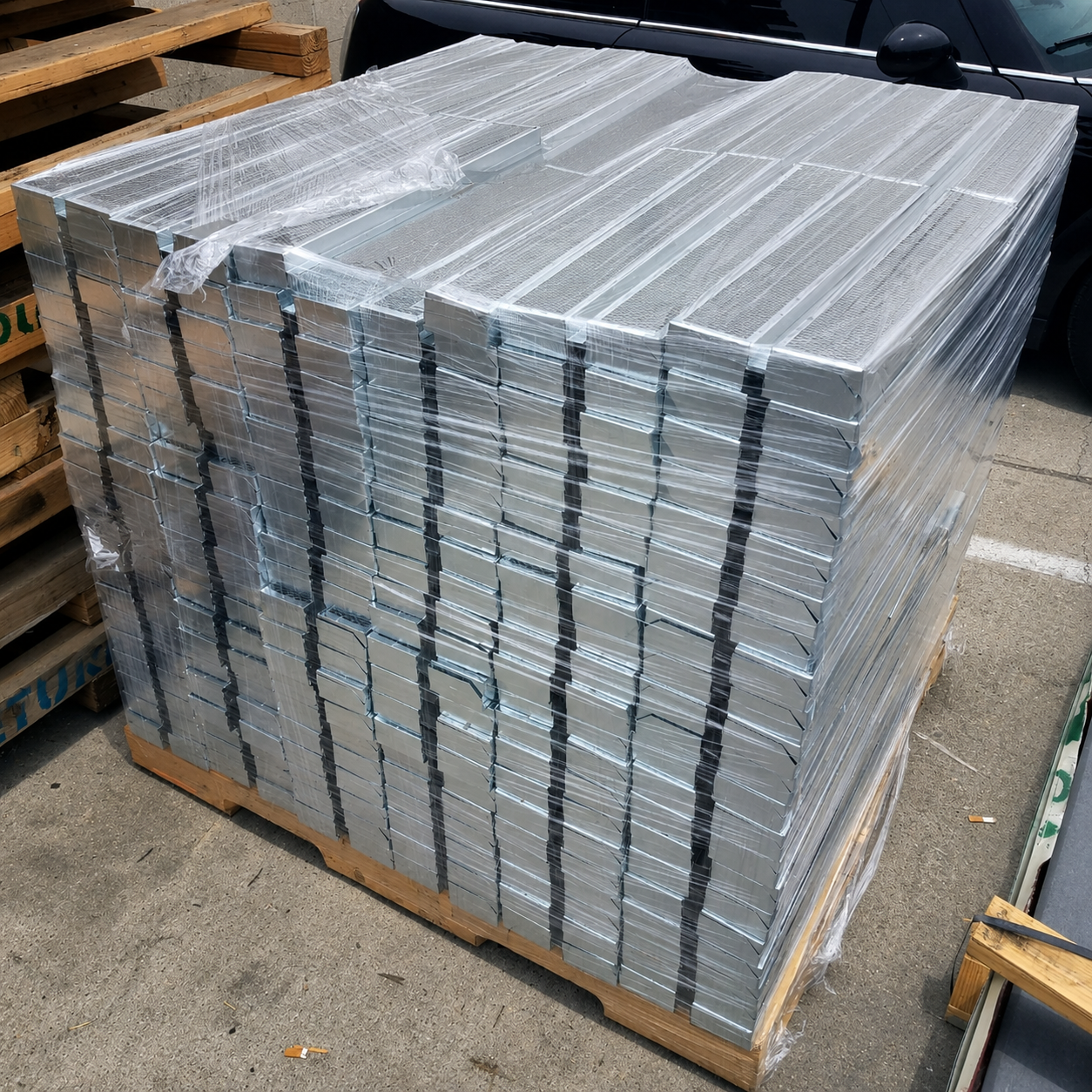 Wrapped pallet of sheet metal products ready for delivery